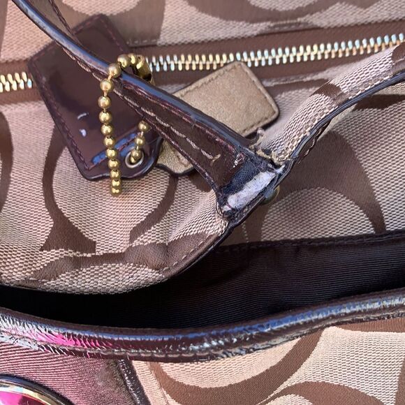 Coach Purse Signature Large Brown Beige  Satchel Handles Shoulder Strap Woman - Picture 3 of 14